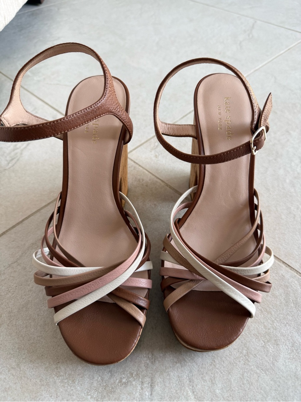 kate spade Brown, Cream & Blush Multi-Strap Wedge Sandals
